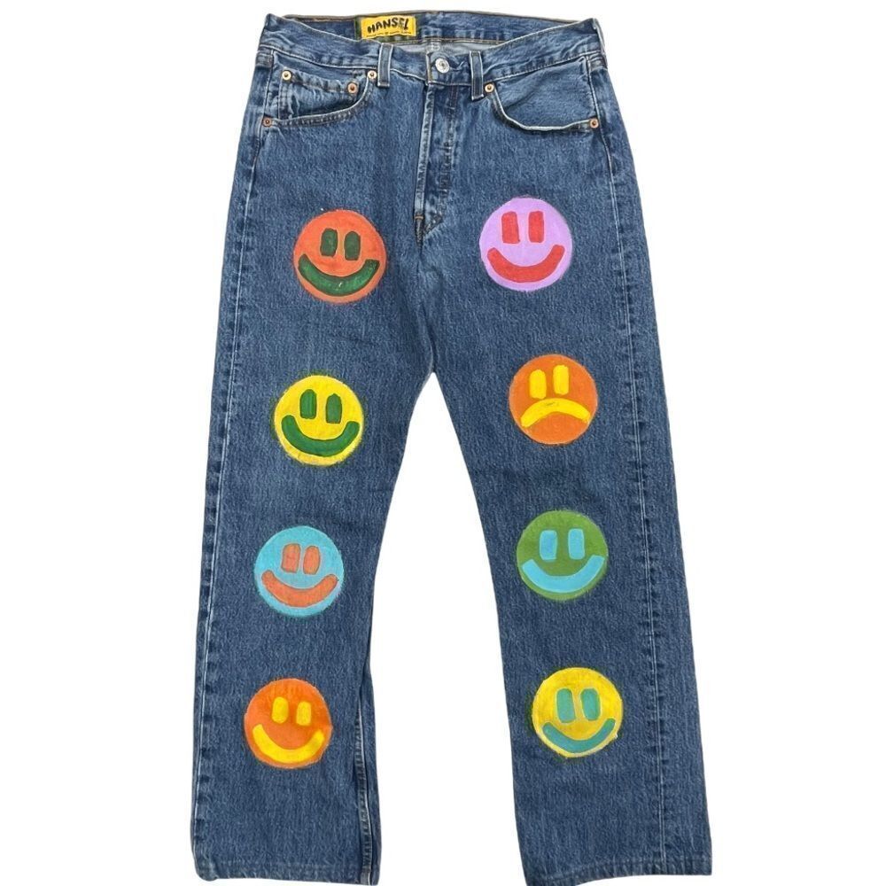 Vintage Urban Renewal Hansel Smiley Face Hand Painted Jeans 28 HP🎉